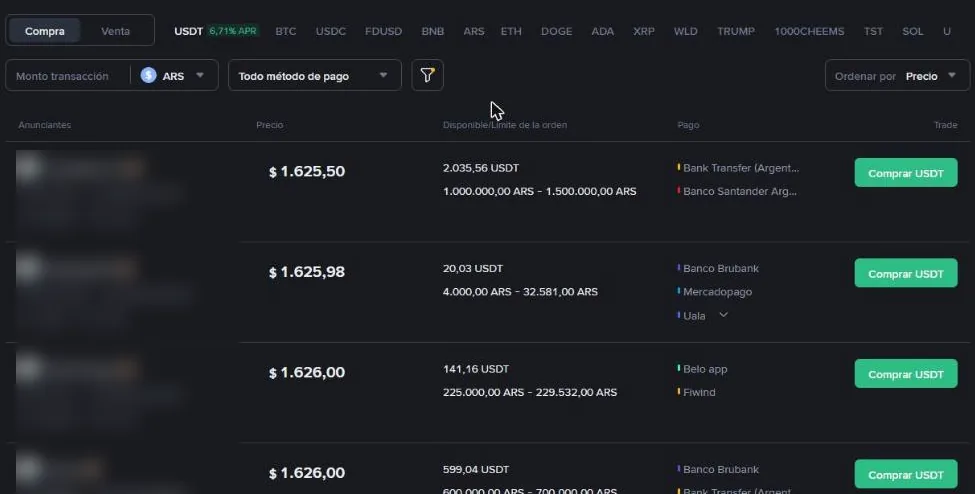 P2P: Compra → USDT → ARS. Elegí una oferta y tocá Comprar USDT.