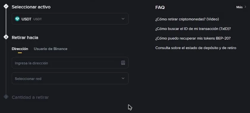 Retirar activo: USDT, a una Dirección.