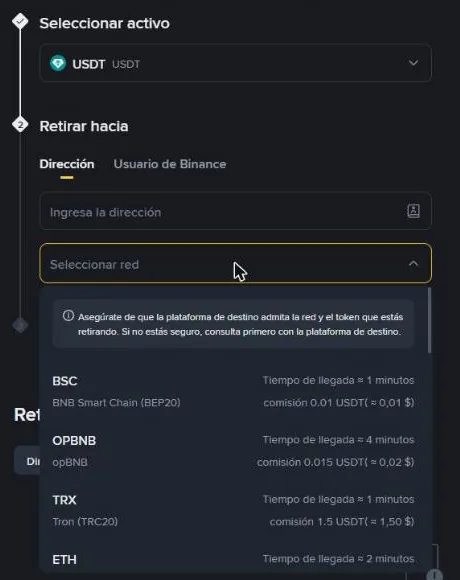 Seleccionar red: cada red muestra su comisión. Elegí BSC: cuesta 0,01 USDT.