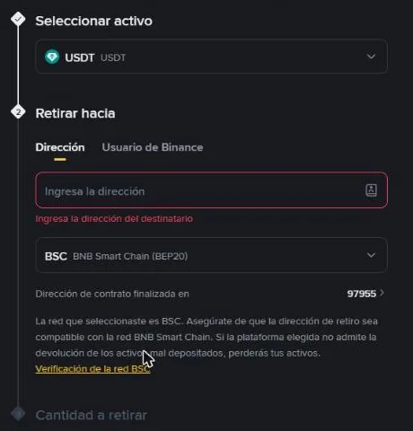 Con BSC elegida, Binance recuerda revisar que la dirección sea de esa red.