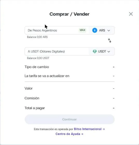 Comprar / Vender: De Pesos Argentinos a USDT.