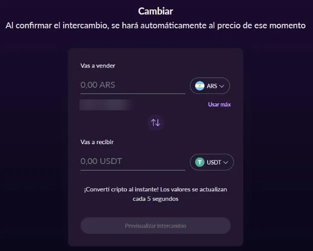 Comprar: Vas a vender ARS → Vas a recibir USDT.